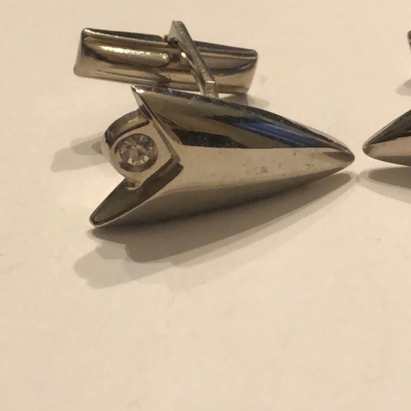 Vintage Silver Tone & CZ Rhinestone Tie Clip & Cuff Links - Picture 5 of 8